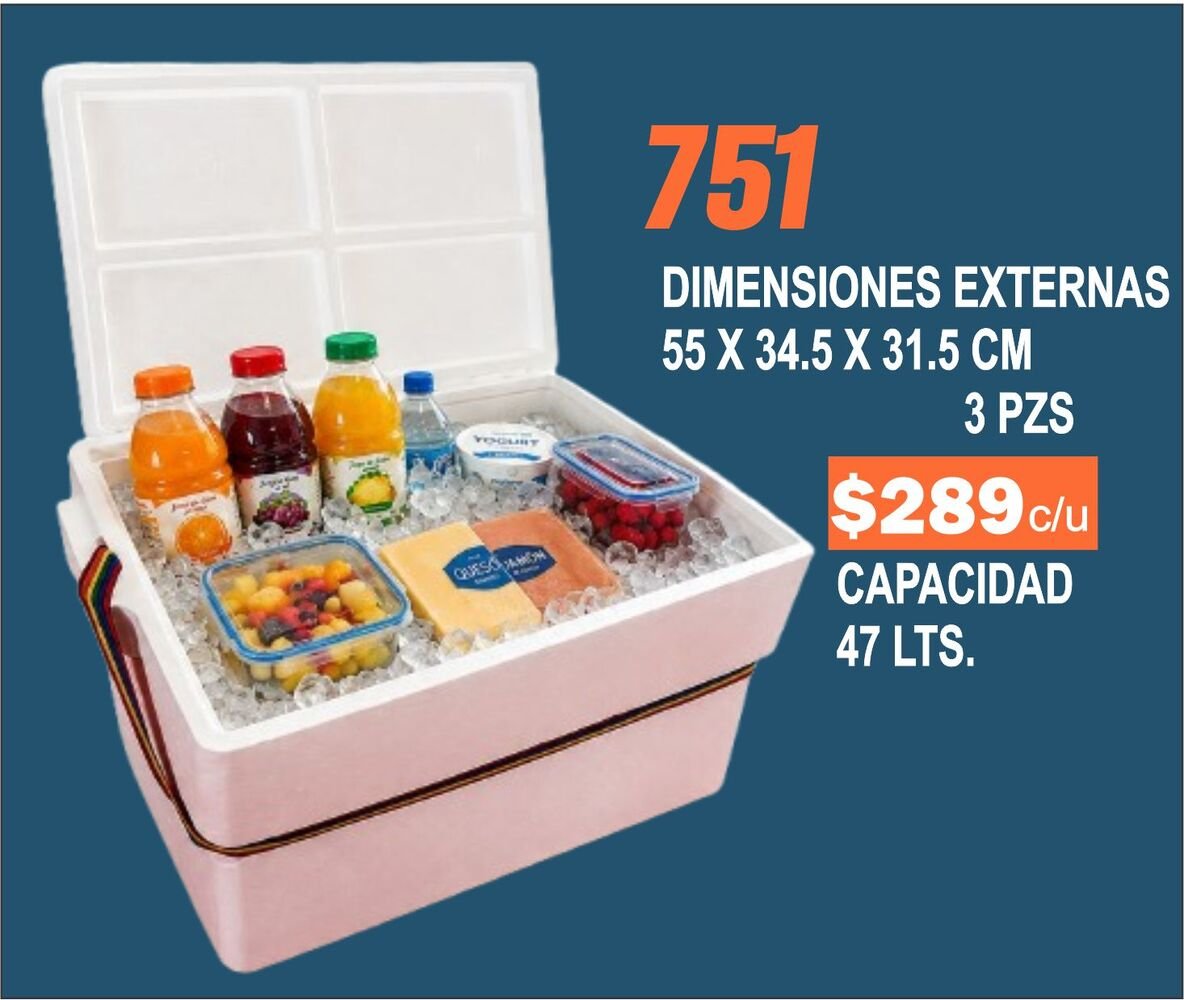 Clave 751 Hielera de Unicel Dimensiones 55x34.5x31.5 cm Capacidad 47 Lts.