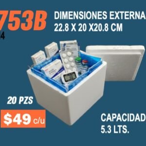 Clave 753B Hielera de Unicel Dimensiones 22.8x20x20.8 cm Capacidad 5.3 Lts. 20 piezas