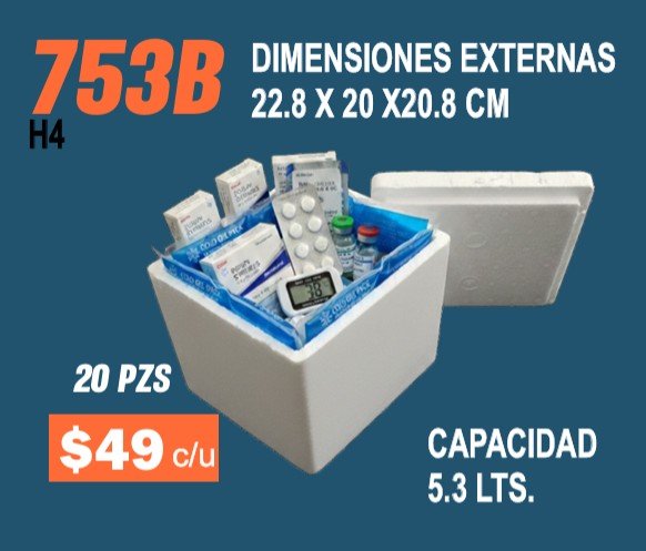 Clave 753B Hielera de Unicel Dimensiones 22.8x20x20.8 cm Capacidad 5.3 Lts. 20 piezas