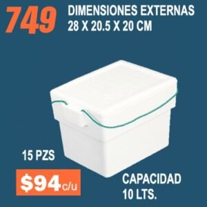 Clave 749 Hielera de Unicel Dimensiones 28x20.5x20 cm Capacidad 10 Lts. 15 Piezas