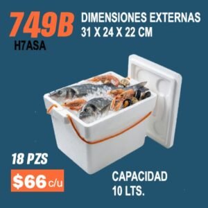 Clave 749B Hielera de Unicel Dimensiones 31x24x22 cm Capacidad 10 Lts. 18 piezas