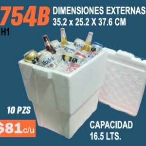Clave 754B Hielera de Unicel Dimensiones 35.2x25.2x37.6 cm Capacidad 16.5 Lts. 10 piezas