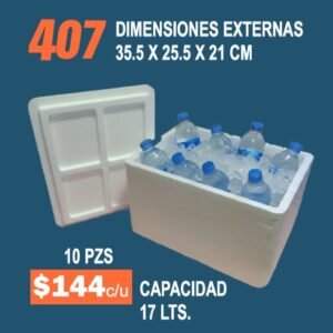 Clave 407 Hielera de Unicel Dimensiones 35.5x25.5x21 cm Capacidad 17 Lts. 10 Piezas