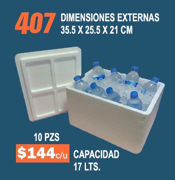 Clave 407 Hielera de Unicel Dimensiones 35.5x25.5x21 cm Capacidad 17 Lts. 10 Piezas