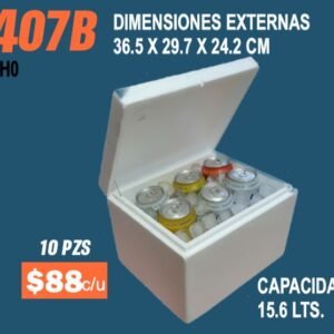 Clave 407B Hielera de Unicel Dimensiones 36.5x29.7x24.2 cm Capacidad 15.6 Lts. 10 Piezas