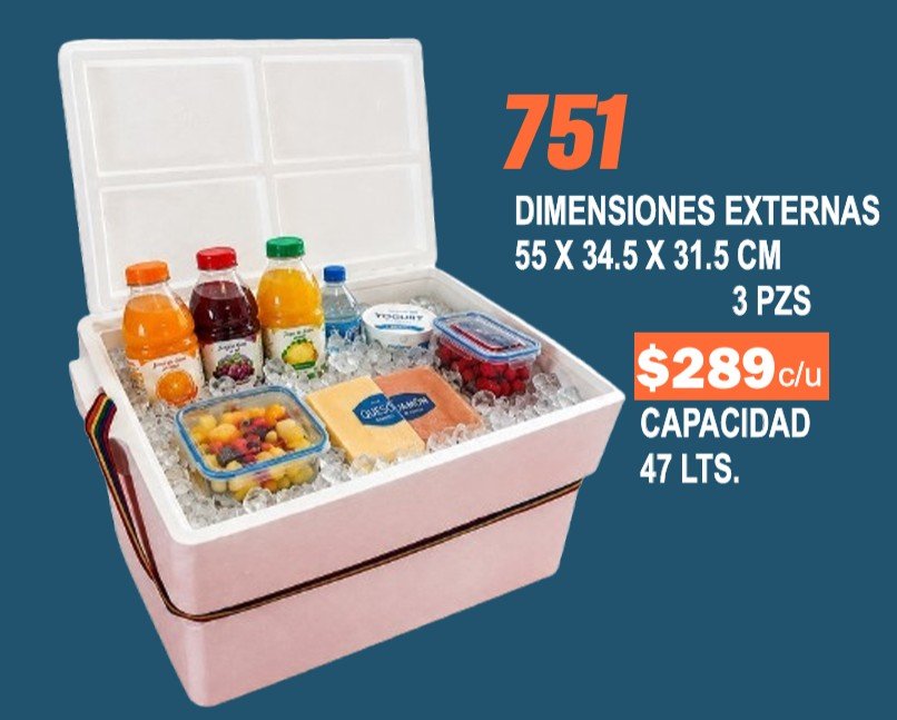 Clave 751 Hielera de Unicel Dimensiones 55x34.5x31.5 cm Capacidad 47 Lts. 3 piezas