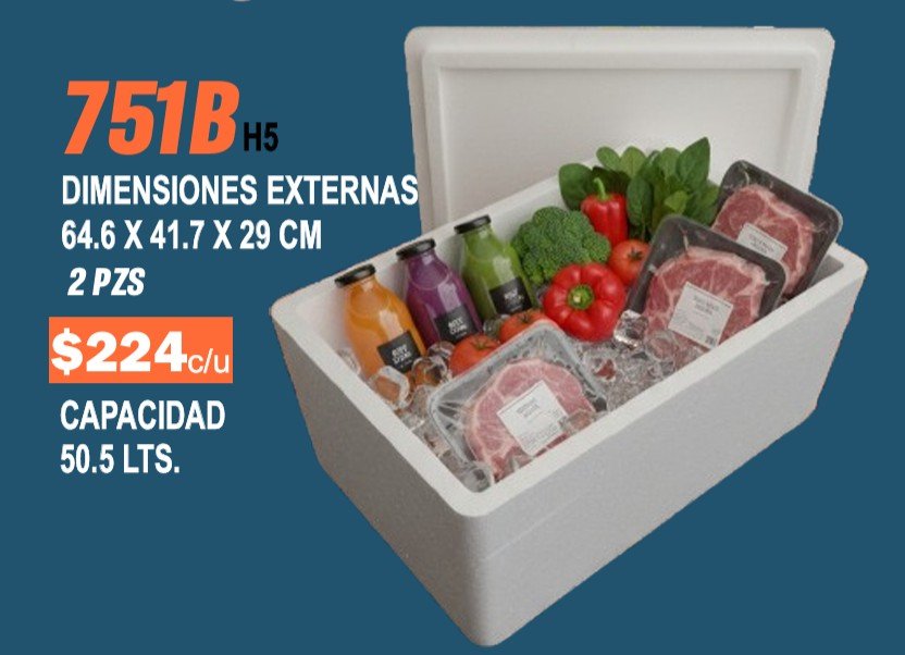 Clave 751B Hielera de Unicel Dimensiones 64.6x41.7x29 cm Capacidad 50.5 Lts. 2 piezas