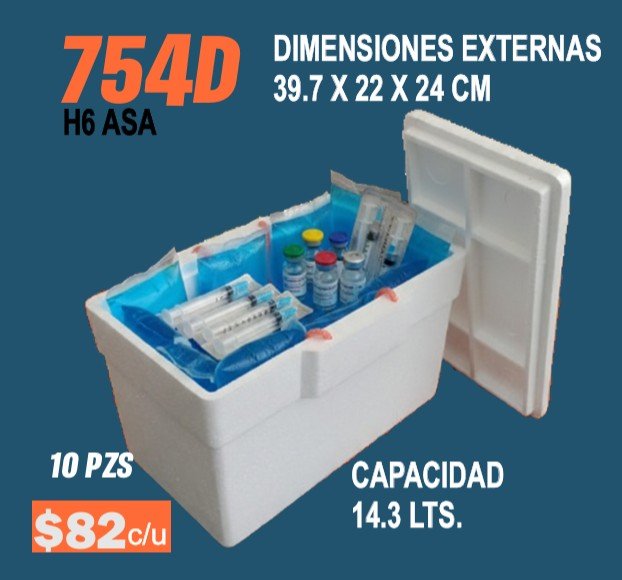Clave 754D Hielera de Unicel Dimensiones 39.7x22x24 cm Capacidad 14.3 Lts. 10 piezas