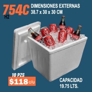 Clave 754C Hielera de Unicel Dimensiones 38.7x30x30 cm Capacidad 19.75 Lts. 10 piezas
