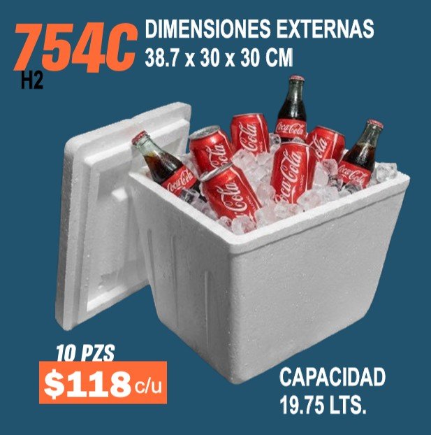 Clave 754C Hielera de Unicel Dimensiones 38.7x30x30 cm Capacidad 19.75 Lts. 10 piezas