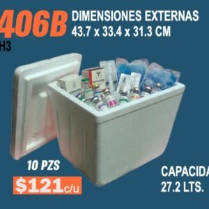 Clave 406B Hielera de Unicel Dimensiones 43.7x33.4x31.3 cm Capacidad 27.2 Lts. 10 piezas