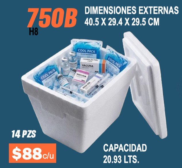 Clave 750B Hielera de Unicel Dimensiones 40.5x29.4x29.5 cm Capacidad 20.93 Lts. 14 piezas