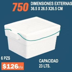 Clave 750 Hielera de Unicel Dimensiones 36.5x26.5x26.5 cm Capacidad 23 Lts. 6 Piezas