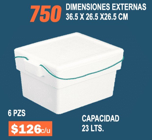 Clave 750 Hielera de Unicel Dimensiones 36.5x26.5x26.5 cm Capacidad 23 Lts. 6 Piezas