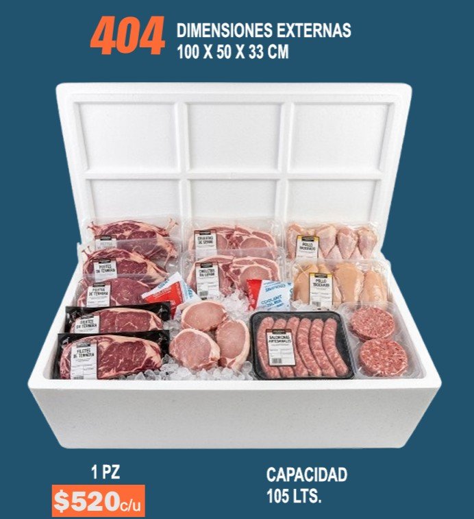 Clave 404 Hielera de Unicel Dimensiones 100x50x33 cm Capacidad 105 Lts.