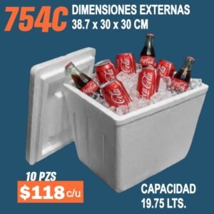 Clave 754C Hielera de Unicel Dimensiones 38.7x30x30 cm Capacidad 19.75 Lts.