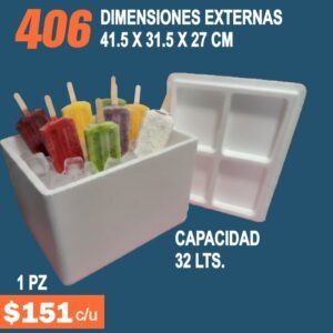 Clave 406 Hielera de Unicel Dimensiones 41.5x31.5x27 cm Capacidad 32 Lts.