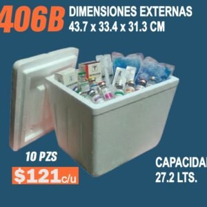 Clave 406B Hielera de Unicel Dimensiones 43.7x33.4x31.3 cm Capacidad 27.2 Lts.