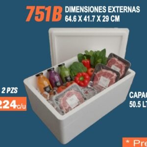 Clave 751B Hielera de Unicel Dimensiones 64.6x41.7x29 cm Capacidad 50.5 Lts.