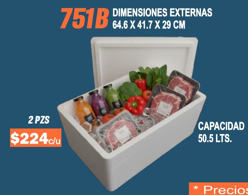 Clave 751B Hielera de Unicel Dimensiones 64.6x41.7x29 cm Capacidad 50.5 Lts.