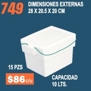 Clave 749 Hielera de Unicel Dimensiones 28x20.5x20 cm Capacidad 10 Lts.