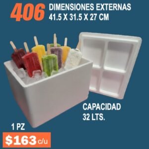 Clave 406 Hielera de Unicel Dimensiones 41.5x31.5x27 cm Capacidad 32 Lts. 1 pieza