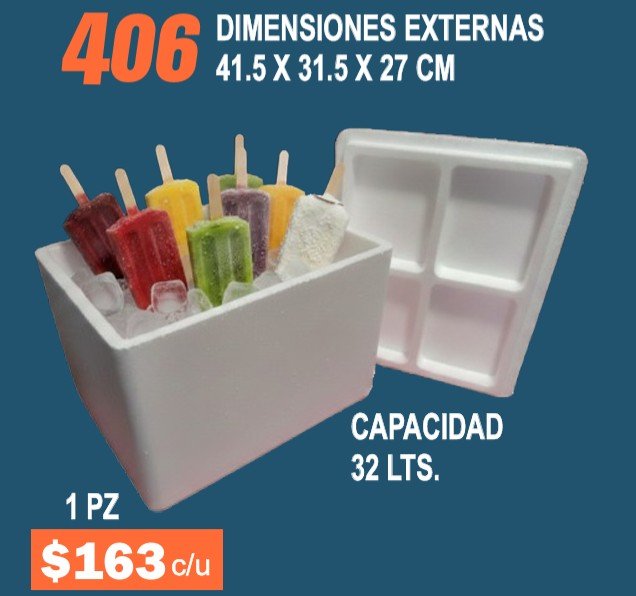 Clave 406 Hielera de Unicel Dimensiones 41.5x31.5x27 cm Capacidad 32 Lts. 1 pieza