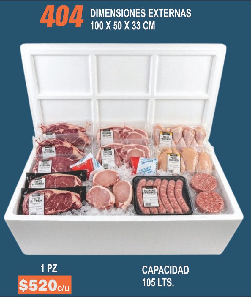 Clave 404 Hielera de Unicel Dimensiones 100x50x33 cm Capacidad 105 Lts.